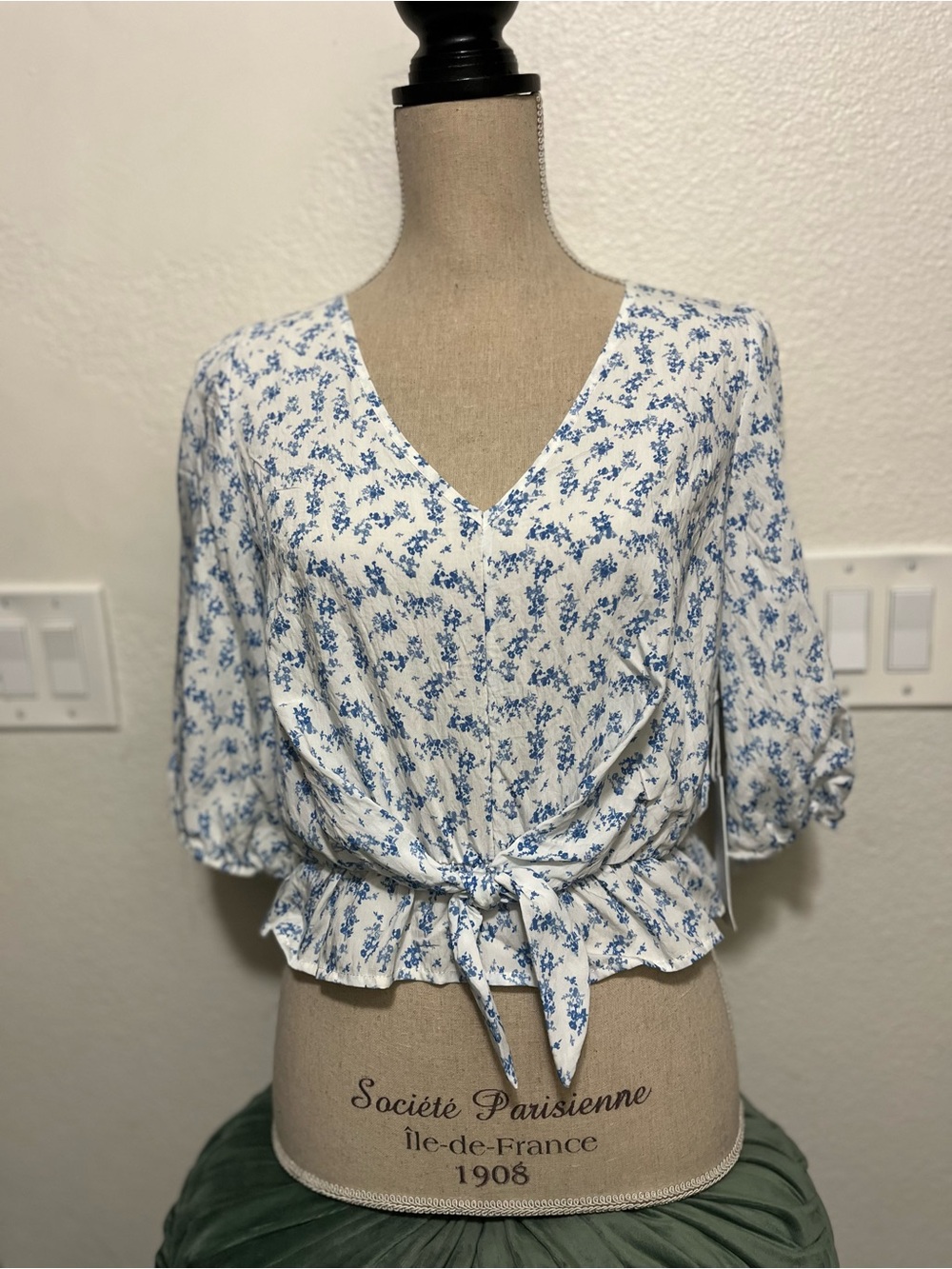 Sienna Sky White Blouse with Blue Floral Print and Front Tie